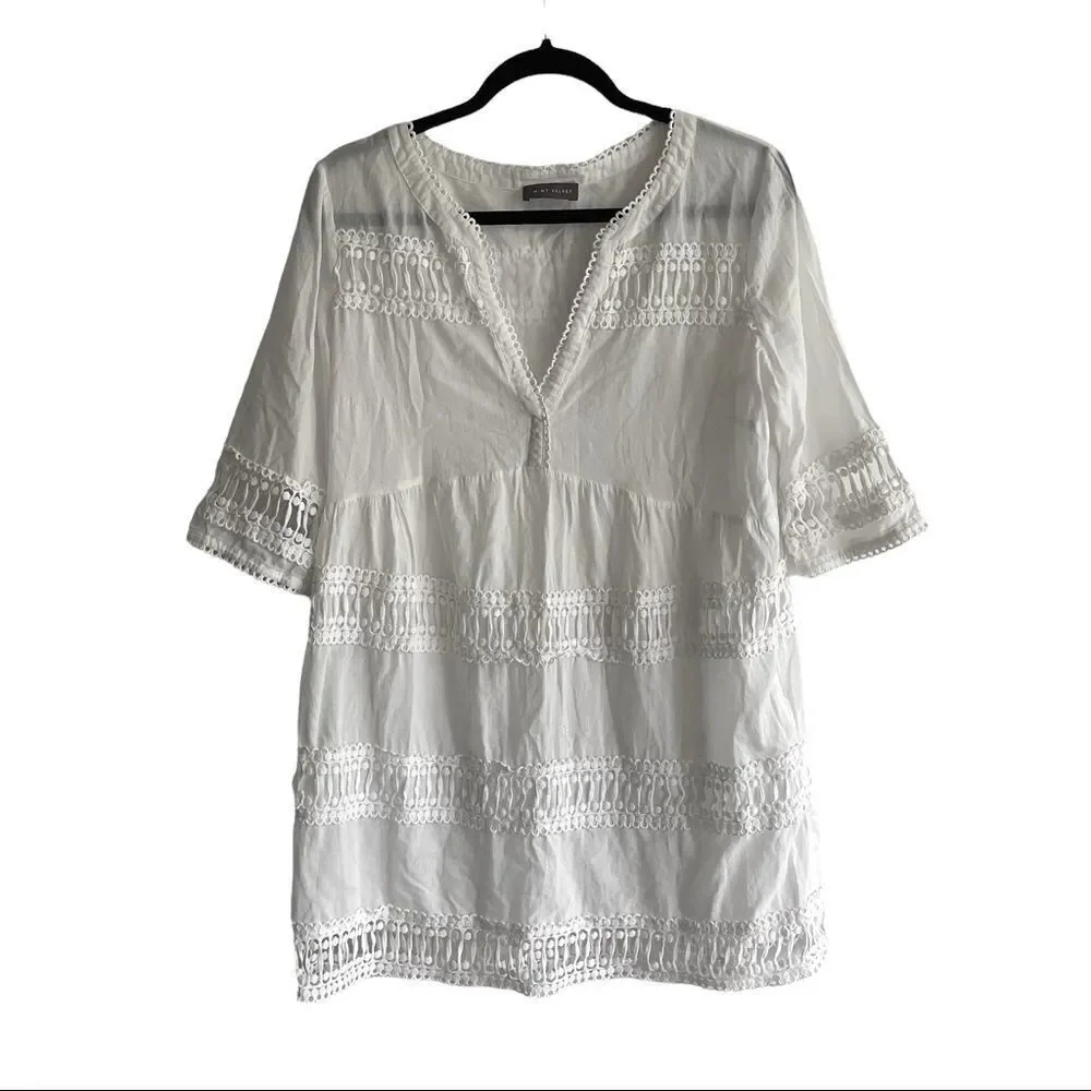 MINT VELVET White Cotton Short Sleeve Embroidered Tunic Mini Dress Coverup L